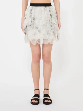 Jupe courte à pétales en organza imprimé, gris perle