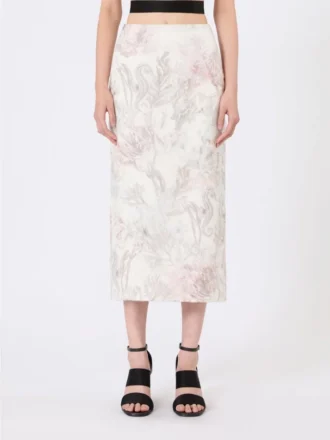 Jupe crayon en organza imprimé et gabardine, blanche