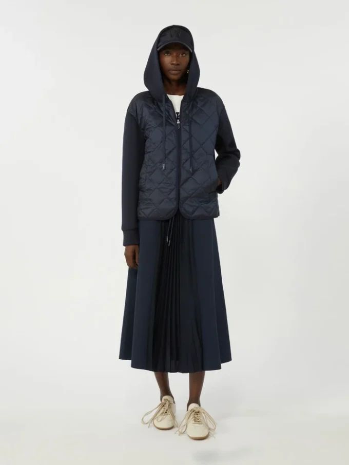 Veste matelassée à capuche en toile déperlante et jersey, bleu marine Veste matelassée à capuche en toile déperlante et jersey, bleu marine