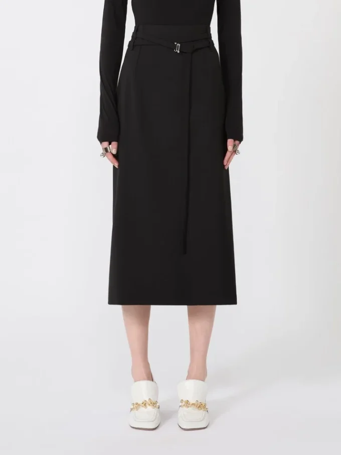 Jupe longue en laine avec ceinture, noire Jupe longue en laine avec ceinture, noire