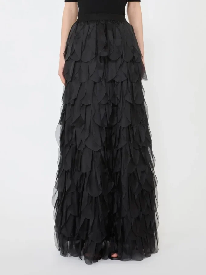 Jupe longue à pétales en organza de soie, noir Jupe longue à pétales en organza de soie, noir