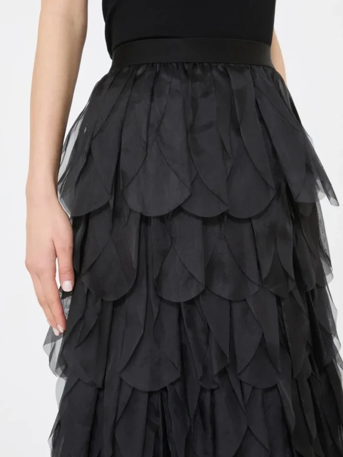 Jupe longue à pétales en organza de soie, noir Jupe longue à pétales en organza de soie, noir