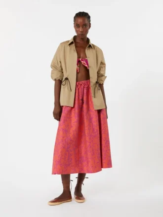 Jupe midi en coton et soie jacquard, couleur corail