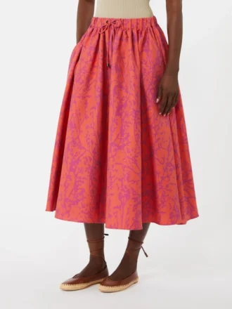 Jupe midi en coton et soie jacquard, couleur corail