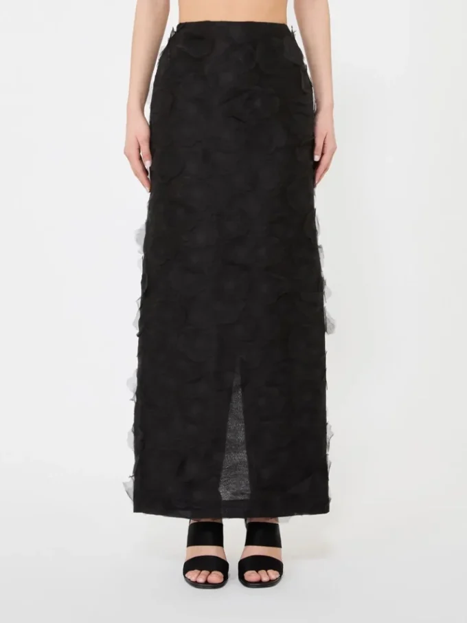 Jupe midi en jacquard de soie, noire Jupe midi en jacquard de soie, noire