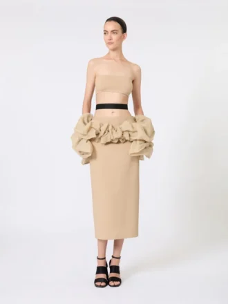 Jupe midi en jersey de viscose à volants, couleur camel Jupe midi en jersey de viscose à volants, couleur camel