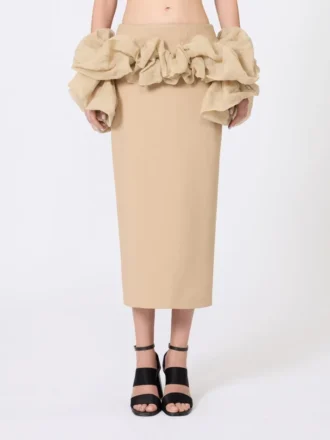 Jupe midi en jersey de viscose à volants, couleur camel Jupe midi en jersey de viscose à volants, couleur camel