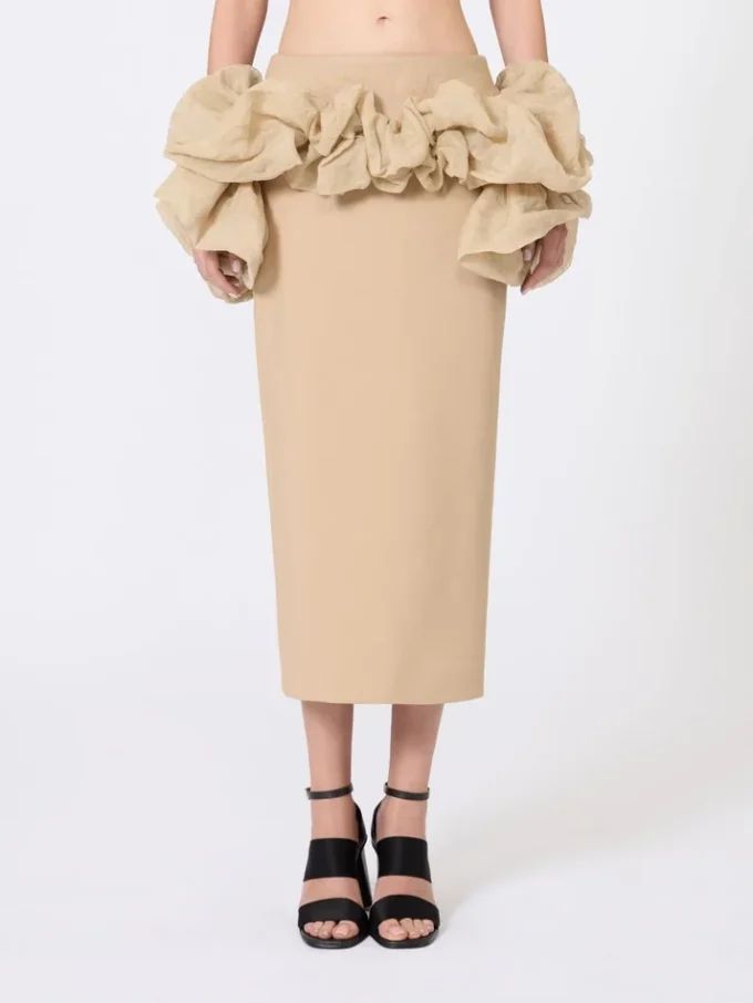 Jupe midi en jersey de viscose à volants, couleur camel Jupe midi en jersey de viscose à volants, couleur camel