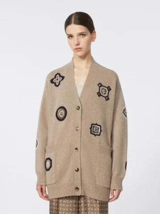 Long cardigan en laine et cachemire, couleur sable