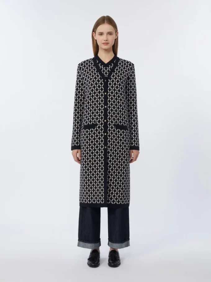 Long cardigan en laine jacquard, bleu outremer Long cardigan en laine jacquard, bleu outremer