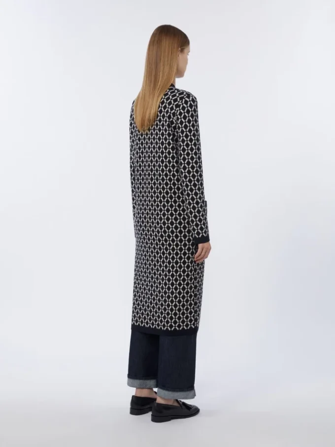Long cardigan en laine jacquard, bleu outremer Long cardigan en laine jacquard, bleu outremer