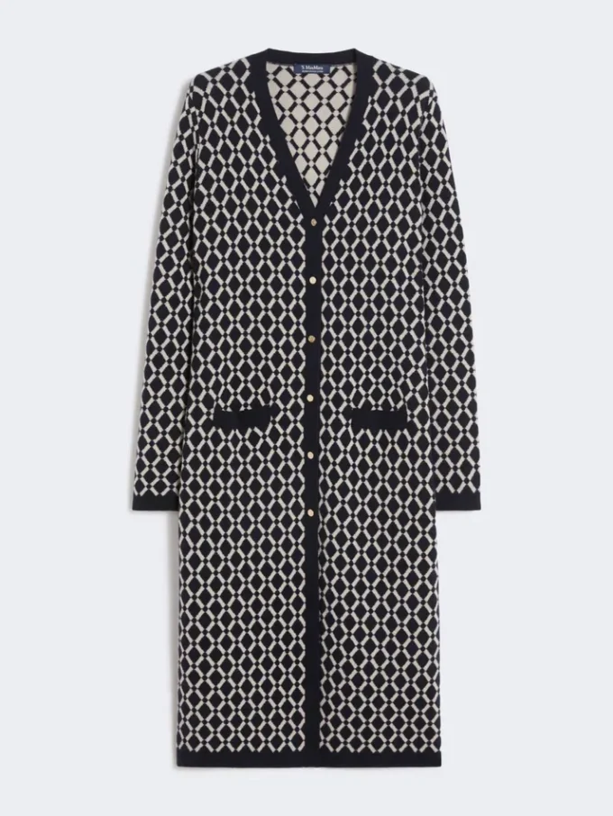 Long cardigan en laine jacquard, bleu outremer Long cardigan en laine jacquard, bleu outremer