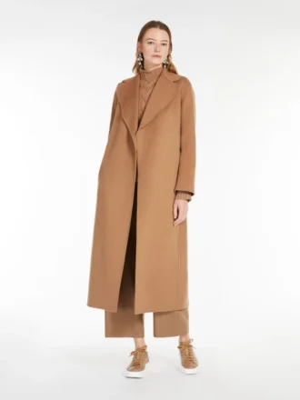 Manteau cache-cœur en laine drapée, couleur camel
