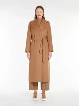 Manteau cache-cœur en laine drapée, couleur camel