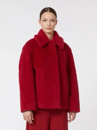 Manteau court style teddy en alpaga et laine, rouge
