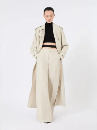 Manteau long à double boutonnage en drill de lin pur, couleur sable