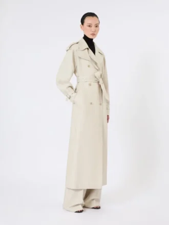Manteau long à double boutonnage en drill de lin pur, couleur sable