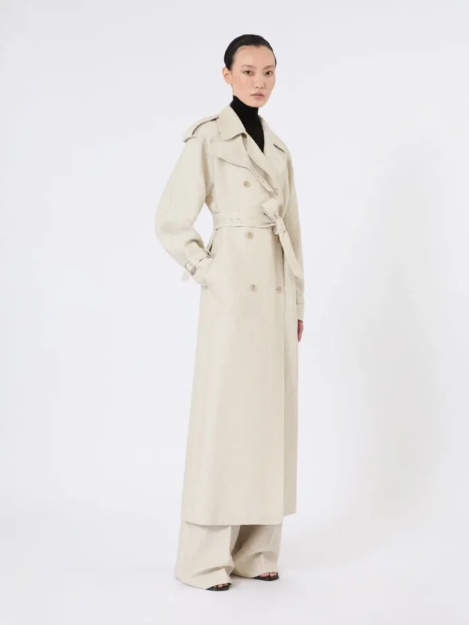 Manteau long à double boutonnage en drill de lin pur, couleur sable Manteau long à double boutonnage en drill de lin pur, couleur sable