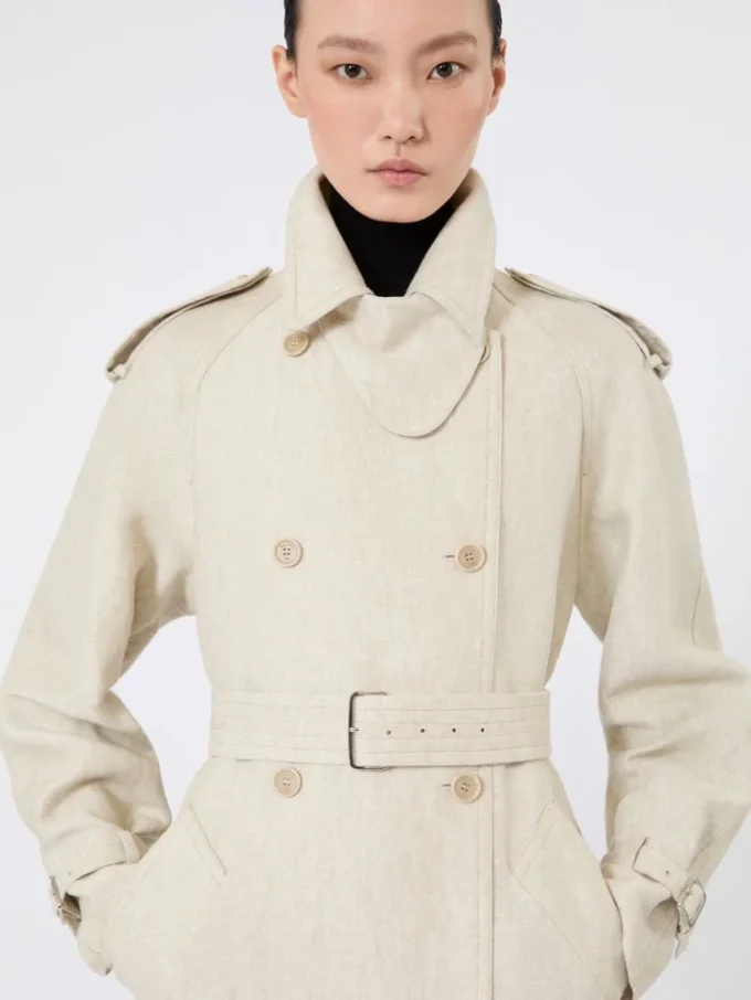 Manteau long à double boutonnage en drill de lin pur, couleur sable Manteau long à double boutonnage en drill de lin pur, couleur sable