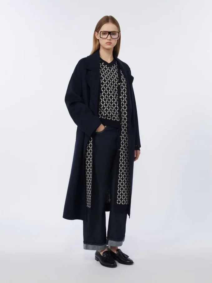 Long cardigan en laine jacquard, bleu outremer Long cardigan en laine jacquard, bleu outremer