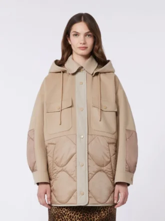 Manteau matelassé en laine et nylon réversible, couleur camel