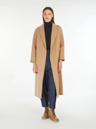 Manteau midi en laine peignée, couleur camel