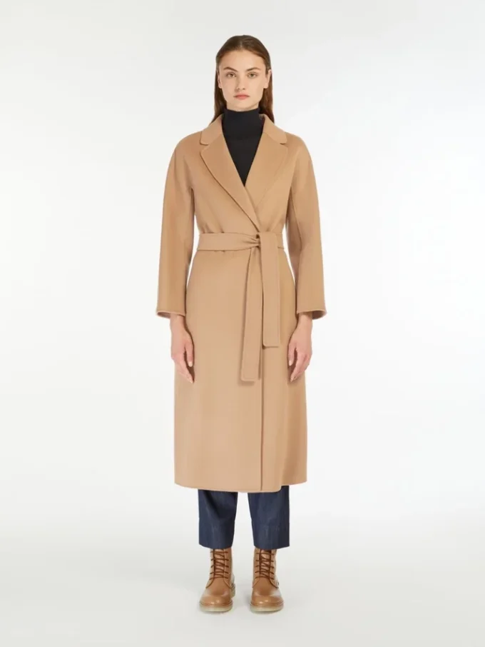 Manteau midi en laine peignée, couleur camel