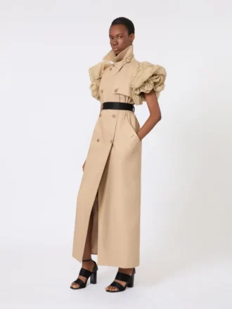 Manteau sans manches en lin tissé natté avec volants, couleur camel