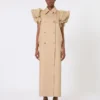 Manteau sans manches en lin tissé natté avec volants, couleur camel Manteau sans manches en lin tissé natté avec volants, couleur camel