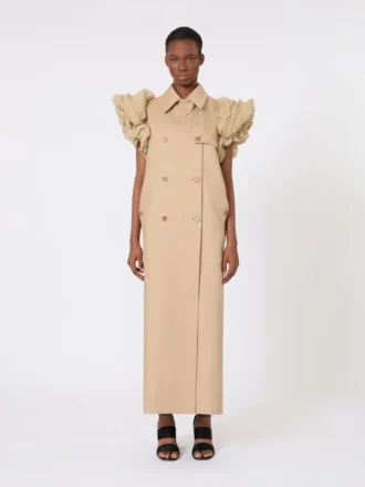 Manteau sans manches en lin tissé natté avec volants, couleur camel