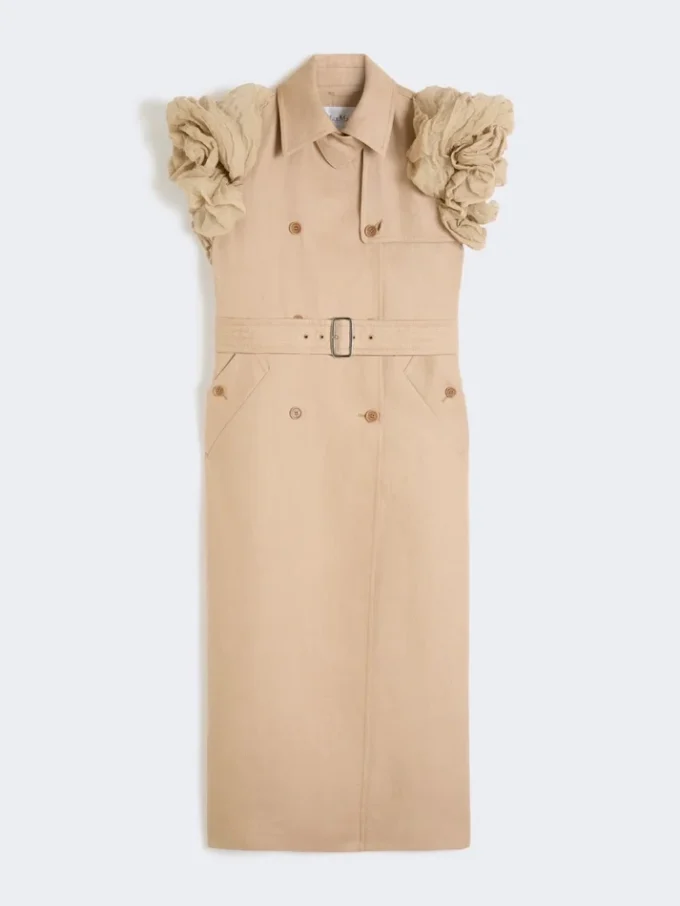 Manteau sans manches en lin tissé natté avec volants, couleur camel Manteau sans manches en lin tissé natté avec volants, couleur camel