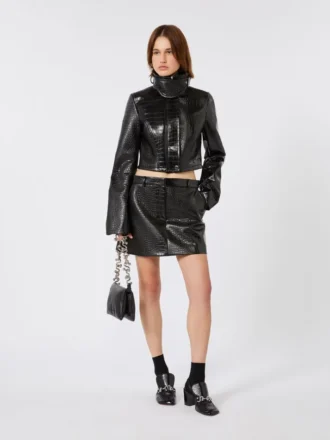 Mini-jupe en cuir verni aspect alligator, noir Mini-jupe en cuir verni aspect alligator, noir