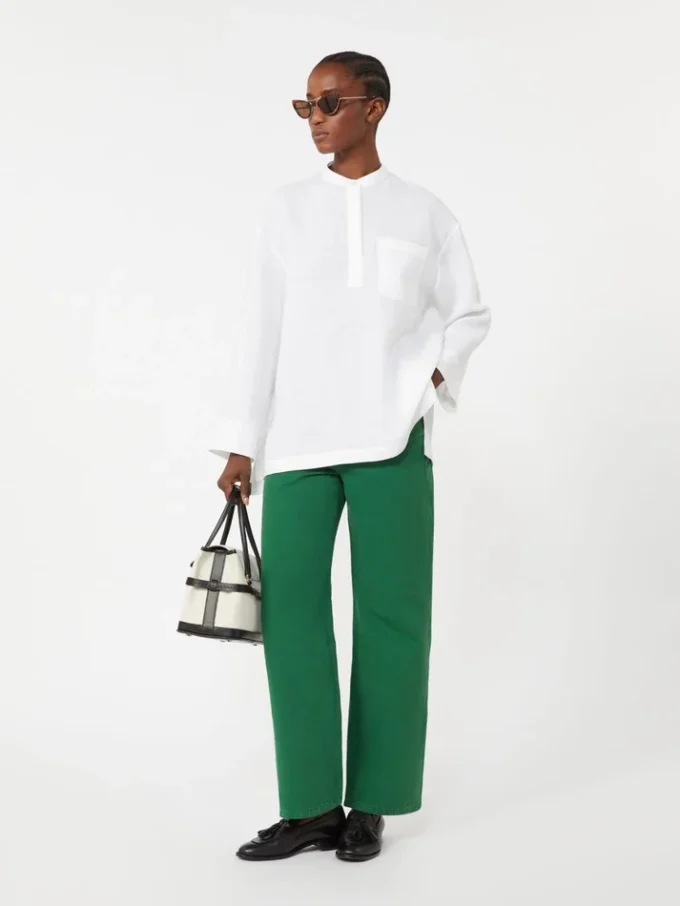 Pantalon 5 poches en coton et lin, vert Pantalon 5 poches en coton et lin, vert