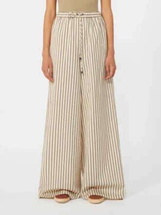 Pantalon ample en toile de coton et soie à rayures, beige