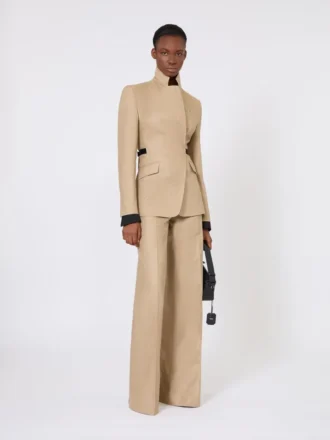 Pantalon coupe classique en lin tissé natté, couleur camel