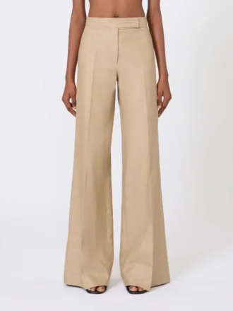 Pantalon coupe classique en lin tissé natté, couleur camel