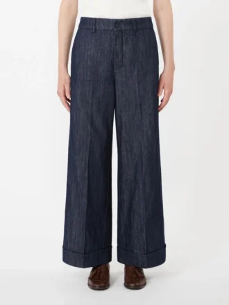 Pantalon droit en denim de coton et lin, bleu nuit Pantalon droit en denim de coton et lin, bleu nuit
