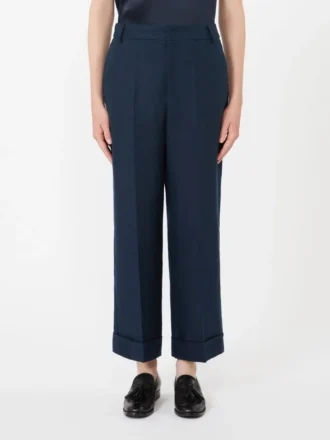 Pantalon droit en lin tissé natté, bleu nuit Pantalon droit en lin tissé natté, bleu nuit
