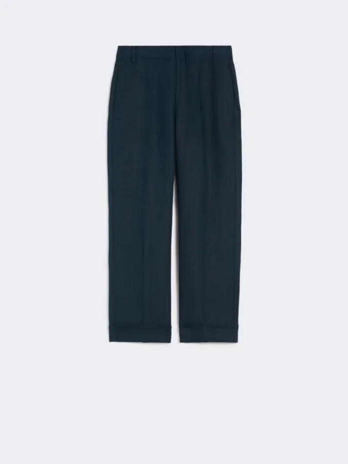 Pantalon droit en lin tissé natté, bleu nuit Pantalon droit en lin tissé natté, bleu nuit