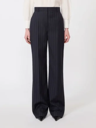 Pantalon en laine à fines rayures, bleu marine
