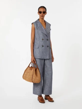 Pantalon en lin à fines rayures effet denim, bleu outremer Pantalon en lin à fines rayures effet denim, bleu outremer