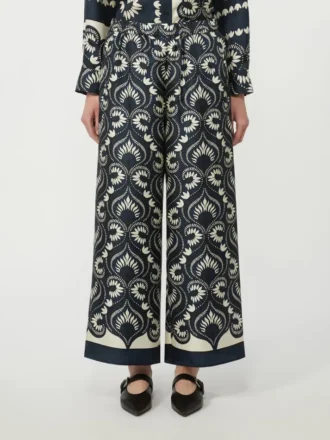 Pantalon fluide en soie imprimée, bleu marine