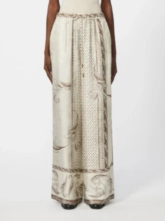 Pantalon fluide en soie imprimée, ivoire