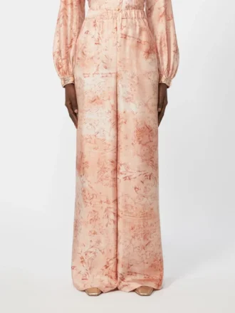 Pantalon large en soie imprimée, rose