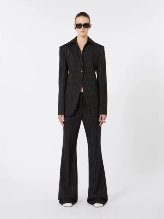 Pantalon évasé en laine à fines rayures, noir Pantalon évasé en laine à fines rayures, noir