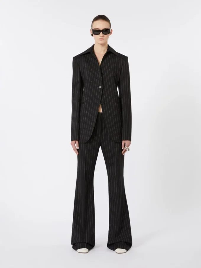 Pantalon évasé en laine à fines rayures, noir Pantalon évasé en laine à fines rayures, noir