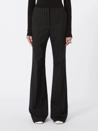 Pantalon évasé en laine à fines rayures, noir Pantalon évasé en laine à fines rayures, noir