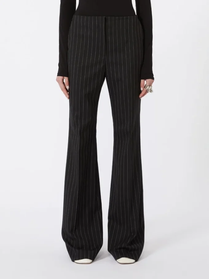 Pantalon évasé en laine à fines rayures, noir Pantalon évasé en laine à fines rayures, noir