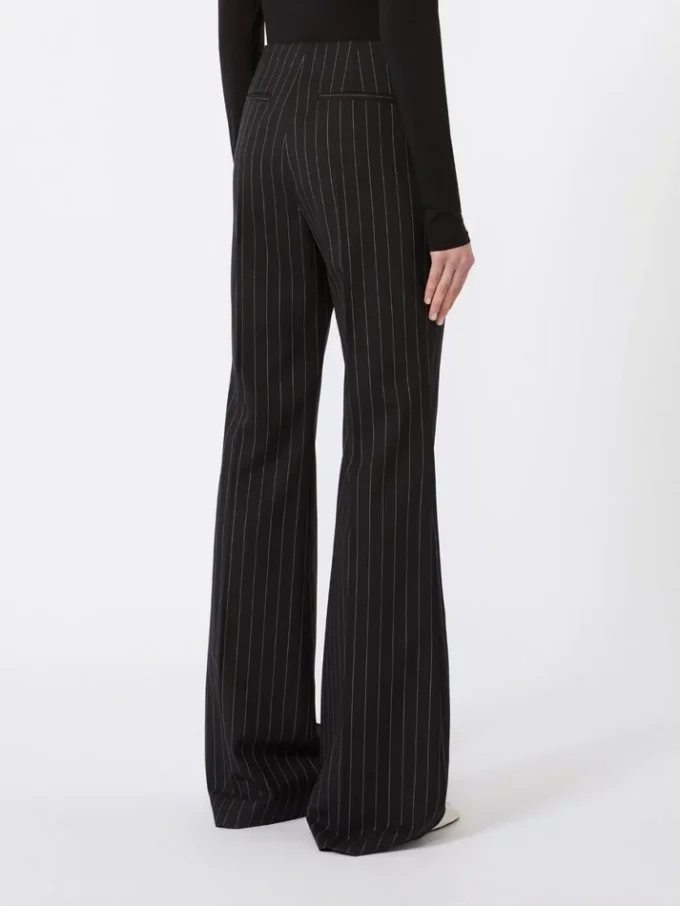 Pantalon évasé en laine à fines rayures, noir Pantalon évasé en laine à fines rayures, noir