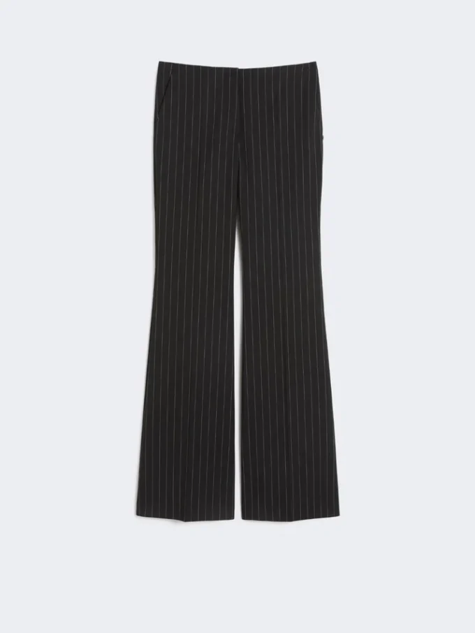 Pantalon évasé en laine à fines rayures, noir Pantalon évasé en laine à fines rayures, noir